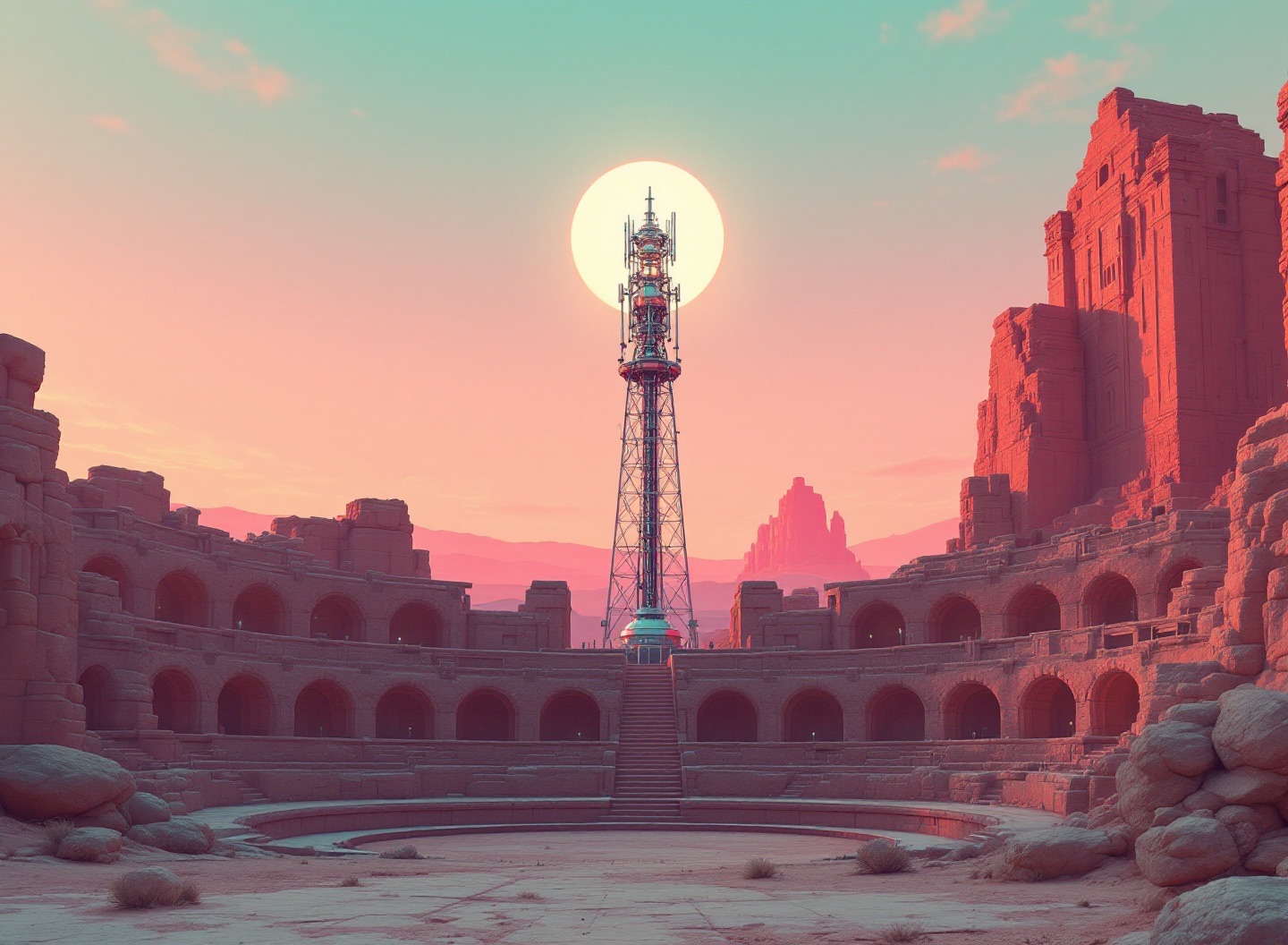 Futuristic Radio — antik amfitiyatrodan yükselen yayın kulesi